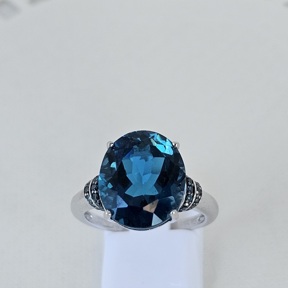 Natural 8.26 Carat London Blue Topaz & Blue Diamond Ring Sterling Silver Sz 7.5! - Picture 5 of 13